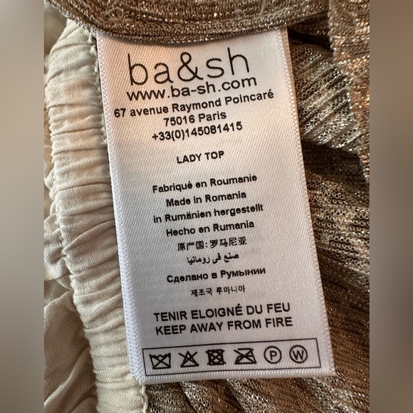 Ba&sh Caitlin gold metallic vneck peplum elastic cuff & waist 2 shirt/blouse - Picture 14 of 16